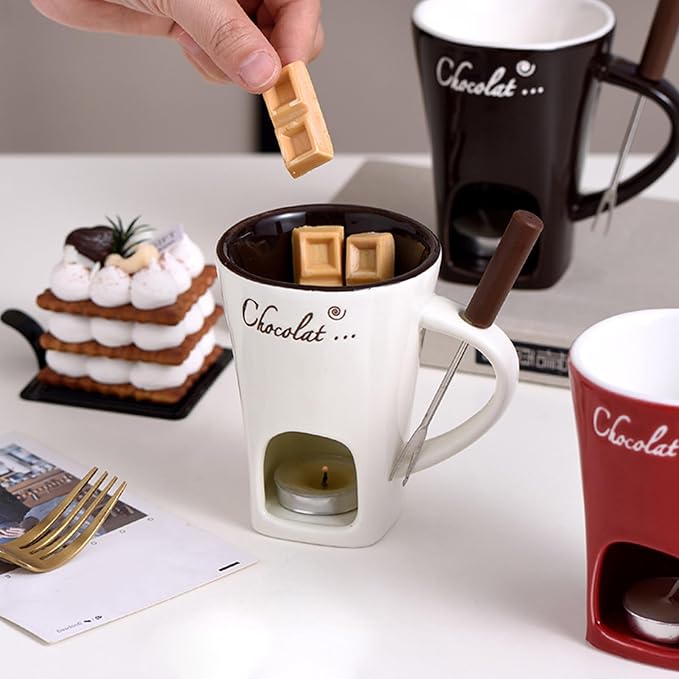 Ceramic Fondue Pot Set, Chocolate Mug With Forks, Perfect For Butter And Cheese Melting,Multipurpose,Personal Cheese Melting Cup