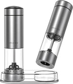 CIRCLE JOY Battery Operated Electric Salt and Pepper Grinder Set with Base, Stainless Steel Pepper Mills with 95ml Container, White LED Light and External Adjustable Coarseness, Silver