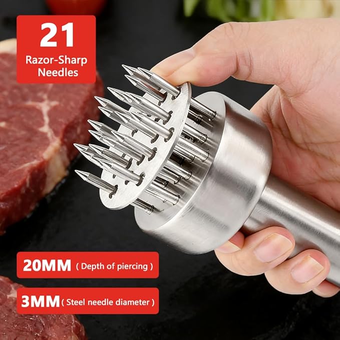 2 Pcs Stainless Steel Meat Tenderizer Tools,Meat Hammer and Meat Tenderizer Needle Meats Piercing for Tenderizing Beef Turkey Chicken and Steak(COLOR:Silver)