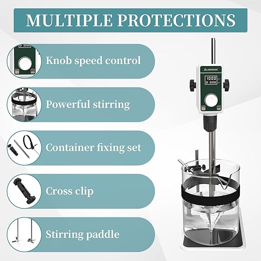 OS-15S Digital Overhead Stirrer 20L(H₂O) Lab Stirrer Flat-Base Stainless Steel Stand & 2 Stirring Paddles & Beaker Holder | 100-1500RPM,20000 mPas,Timing 1min-24h