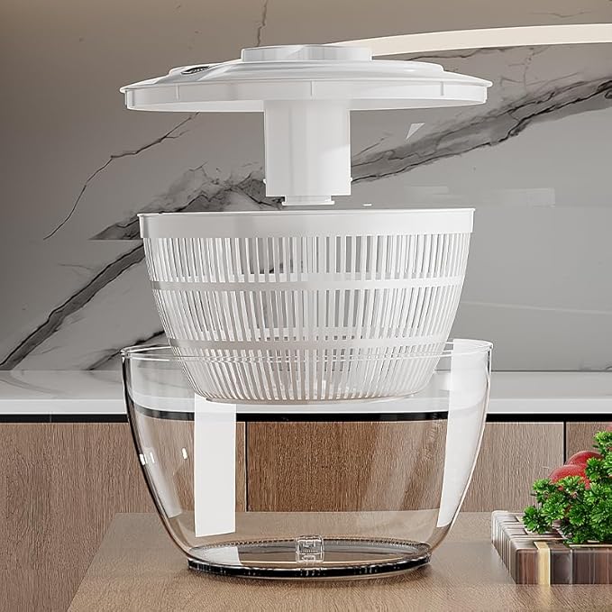 BREZINA Salad Spinner 6.3 QT with Easy Push Handle & Brake – Large Lettuce Dryer & Vegetable Washer, One-Handed Operation, BPA-Free Bowl & Colander for Salad, Fruits & Herbs – White