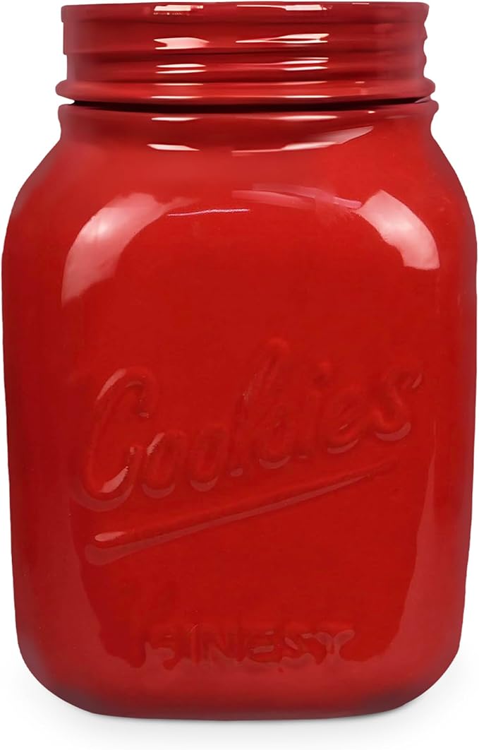 Young's Inc Red Ceramic Mason Jar, Unique Cookie Container with Lid, Multipurpose Ceramic Cannisters for Pet Treats, Candy, Snacks Storage