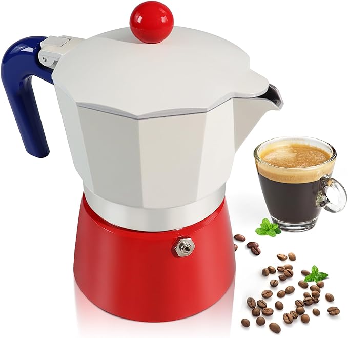Aluminum 6 Cup 300ml Moka Pot Express Coffee Maker Stovetop Espresso Colorful Coffeemaker Italian Classic Style Brewing Greca Cafe Mocha Machine for Cafeteras Lover Camping Travel and Home Use 10oz