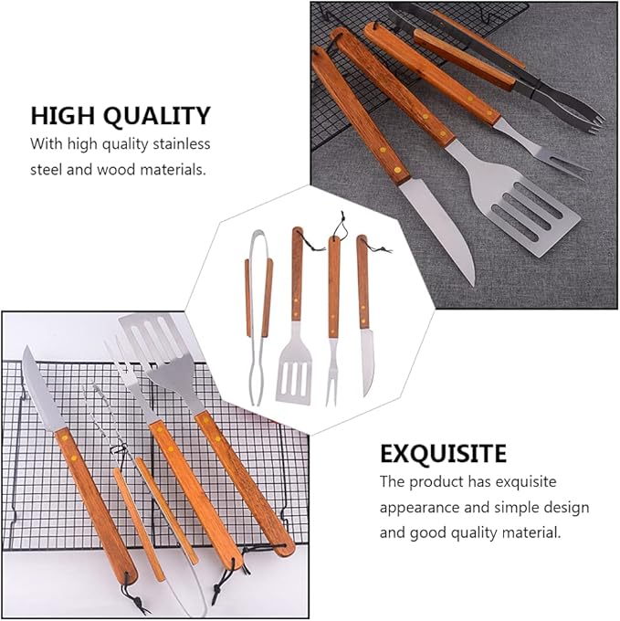1set Barbecue Tools Wood Handles Portable Grilling Utensil for Outdoor Cooking Camping and BBQ Gatherings