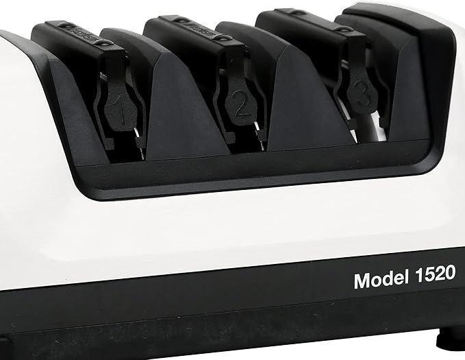 Chef’s Choice Professional Electric Knife Sharpeners for 15- and 20-Degree Straight-Edge and Serrated Knives with Diamond Abrasives & Precision Angle Control, 3-Stage, White
