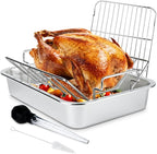 Turkey Roaster Roasting Rack with Pan, Stainless Steel Poultry Turkey Roasting Pan for Smoker Smoking and Grilling/Dual Purpose fit for Oven, Large Size Big Green Egg and Kamado Joe Etc
