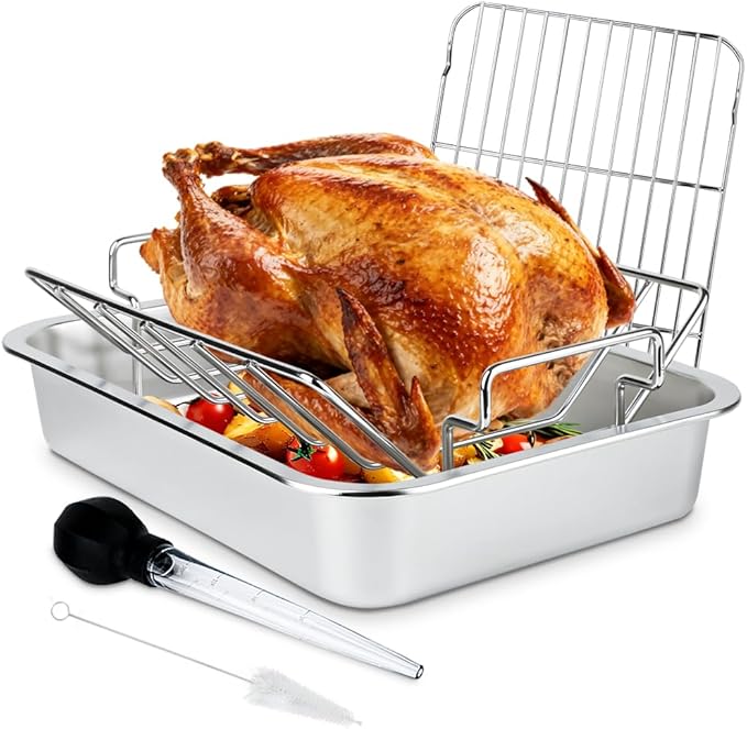 Turkey Roaster Roasting Rack with Pan, Stainless Steel Poultry Turkey Roasting Pan for Smoker Smoking and Grilling/Dual Purpose fit for Oven, Large Size Big Green Egg and Kamado Joe Etc