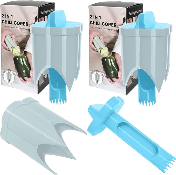 Pepper Corer, 2 in 1 Red Bell Pepper Seed Corer Remover Tool, Fruit & Vegetable Corers Quick Cave Tools for Jalapeno Cutter Deseeder, S-P-Blue, 2 PCS