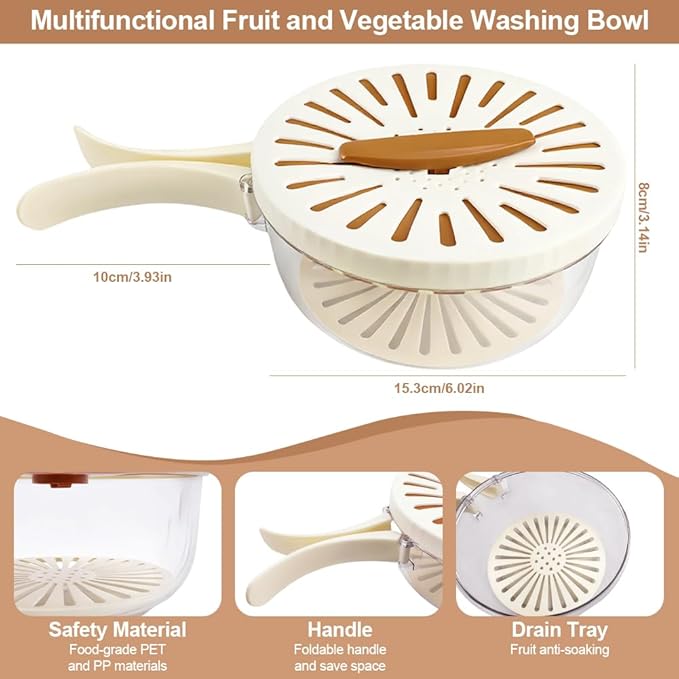Multifunctional Fruit Washing Bowl,2 in 1 Drainer and Strainer,Foldable Handle Drain Basket with Lid,Kitchen Colanders & Food Strainers, Suitable for Washing Fruits and Vegetables
