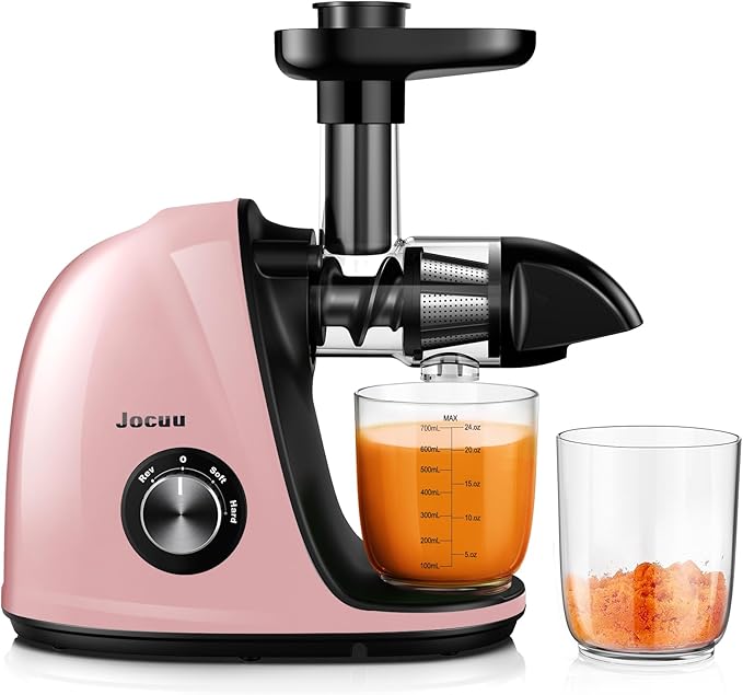Jocuu Slow Masticating Juicer with 2-Speed Modes - Cold Press Juicer Machine - Quiet Motor & Reverse Function - Easy to Clean Juicer Extractor - Juice Recipes for Fruits & Vegetables (Light Pink)
