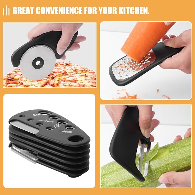 Mobestech Multi-functional Kitchen Gadget Set with Cheese Grater, Bottle Opener, Vegetable Peeler, Pizza Cutter, and Garlic Ginger Masher – Stainless Steel Tools for Healthy Cooking and Food