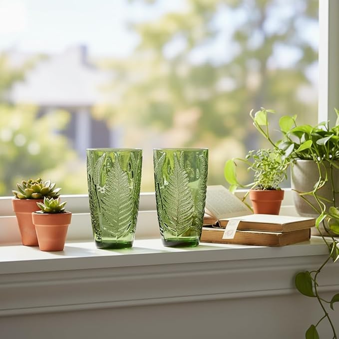 Vintage Green Drinking Glasses Set of 8, 12 oz Hand-Pressed Green Glass Tumblers, Deep Fern Embossed Antique Colored Glassware, Boho Style Textured Highball Cups, Retro Drinkware Gift Set for Home Bar