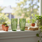 Vintage Green Drinking Glasses Set of 8, 12 oz Hand-Pressed Green Glass Tumblers, Deep Fern Embossed Antique Colored Glassware, Boho Style Textured Highball Cups, Retro Drinkware Gift Set for Home Bar