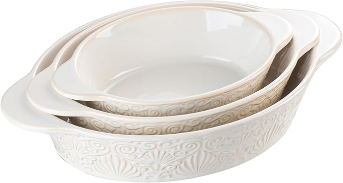 Dafuceramic Casserole Dishes for Oven Sets of 3, Ceramic Oval Baking Dish, Au Gratin Baking Pans with Handles for Roasting, Lasagna, Pie, Baking Meat & Vegetables (Beige White)