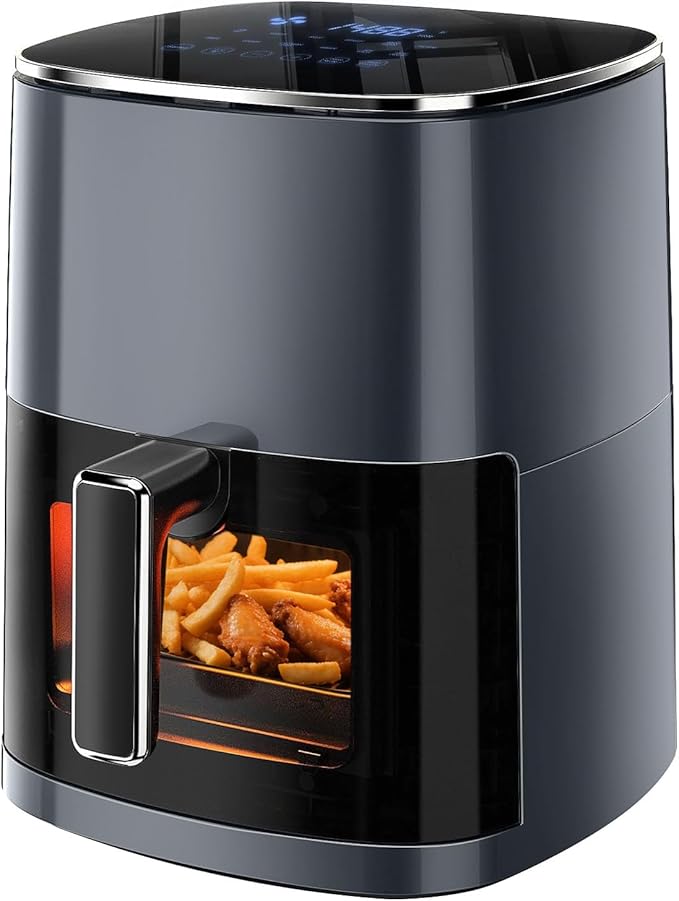 Simple Deluxe Air Fryer - 6.34 QT Digital Airfryer with Visible Window, 12 Presets Functions, Nonstick and Dishwasher-Safe Basket, 1700W, Gray