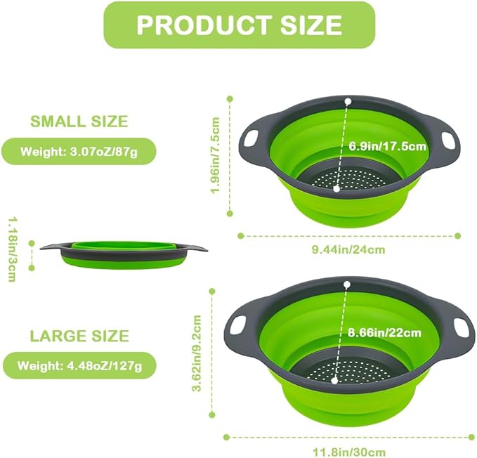 AUAUY 2 Pack Collapsible Colander Set, Round Silicone Folding Collapsible Strainers with Plastic Handles, Eco-Friendly Food Strainer for Kitchen Draining Pasta Vegetables Fruits-1 Large and 1 Small