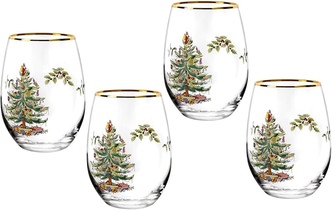 Spode Christmas Tree 19oz Stemless Wine Glasses, Set of 4 - Vintage-Inspired Holiday Drinkware with Cozy Seasonal Charm, Ideal for Mulled Wine at Festive Gatherings & Holiday Entertaining