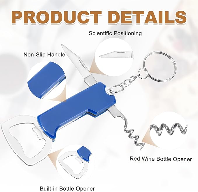 uxcell 4 Pcs Wine Opener, Bottle Opener Keychain, Durable Stainless Steel Waiter's Corkscrew, Compact All-In-One Home Bar Tool for Bar, Party, Wedding, Home, Travel, Blue