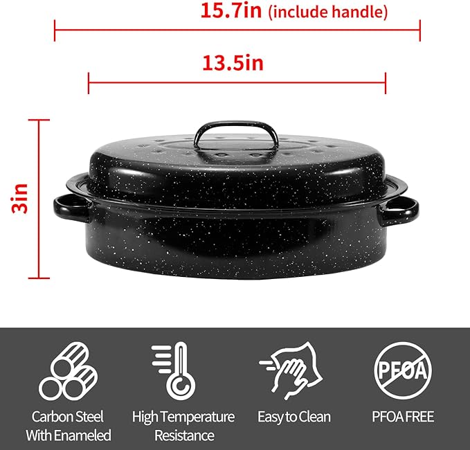 Granite Roasting Pan, Medium 15.7” Enameled Roasting Pan with Domed Lid. Oval Turkey Roaster Pot, Broiler Pan Great for Small Turkey, Chicken, Ham, Dishwasher Safe Fit for Roast Bird by Kendane