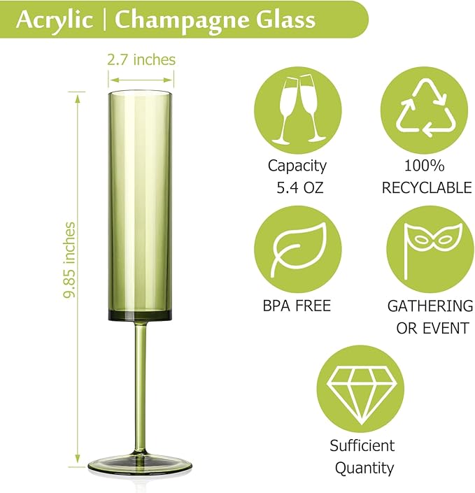 12 PCS Green Champagne Flutes Plastic 5.4OZ Clear Acrylic Champagne Glasses Long Stem Champagne Flutes Sparkling Wine Glasses Sage Green Champagne Glasses FOR Wedding Cocktail Cups Cava Prosecco