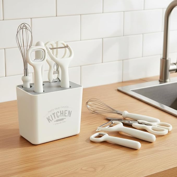 Kitchen Utensil Set with Storage Holder, 6 Piece White Stainless Steel Tool Set, Includes Peeler, Whisk, Bottle Opener, Knife, Scissors, Organizer Caddy