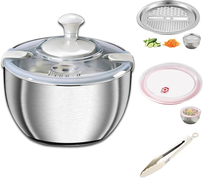 Large Salad Spinner with Storage Lid，5.29QT Stainless Steel Spin Dry Salad Greens Fruit Washing Bowl with Strainer Vegetable Cleaner washer Lettuce Spinner with slicer and julienne cutter