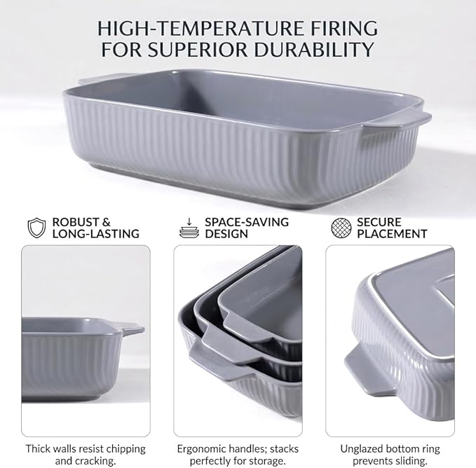 Yachi Ceramic Casserole Dishes for Oven Set of 3 Pcs Rectangular Bakeware Set with Handle for Steak Beef Baking Pan Roast Chicken spaghetti Lasagna Pan vegetables Microwave Oven and Dishwasher Safe Gray (14.8''/12.7''/9.8'')
