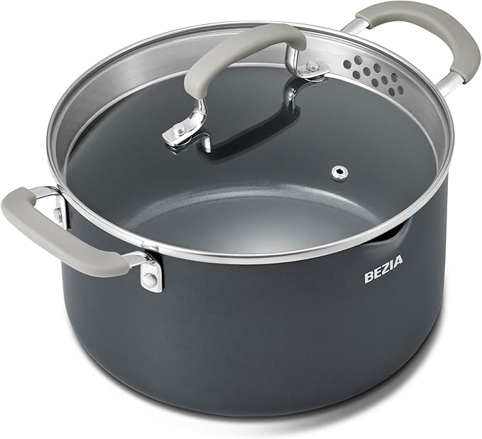 6 Quart Nonstick Stock Pot with Lid, BEZIA PFAS-Free Ceramic Soup Pot, Multipurpose Pasta Pot with Strainer Lid, Induction Cooking Pot, Silicone Handle, Compatible with All Cooktops, Dishwasher Safe