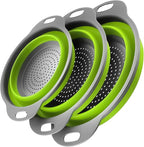 Collapsible Colander Set,Premium Food Grade Silicone Folding Strainers with Handles Space Saving Colanders for Draining Pasta,Vegetables & Fruits,Ideal for Kitchen & Travel (3pc Green)