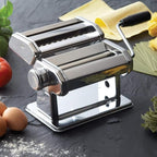 GOURMEX Pasta Maker Machine Stainless Steel Manual | With Adjustable Thickness Settings | Perfect for Homemade Spaghetti Fettuccini Noodles and Lasagna | Includes Removable Handle and Clamp (Silver)