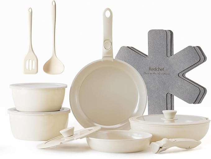 Redchef Ceramic Pots and Pans Set, Nonstick Kitchen Cookware Set with Detachable Handle, Non Toxic Cookware Set 16pcs, PFAS PFOA & PTFE Free, RV Ceramic Cookware for Camping, Dishwasher/Oven Safe