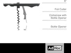 AdHoc PushPull Corkscrew Wine Opener - Multi-Purpose Stainless Steel Bottle Opener - Wine Opener with Foil Cutter & Coated Spiral Corkscrew - Integrated Bottle Cap Opener - Wipe Clean Only