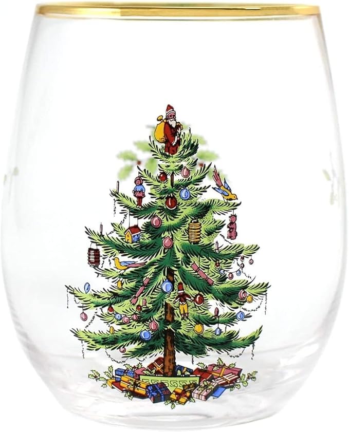 Spode Christmas Tree 19oz Stemless Wine Glasses, Set of 4 - Vintage-Inspired Holiday Drinkware with Cozy Seasonal Charm, Ideal for Mulled Wine at Festive Gatherings & Holiday Entertaining