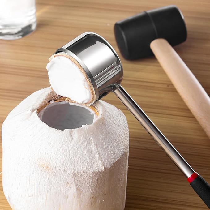 Stainless Steel Coconut Opener Tool Set, 2pcs Kitchen Gadget with Hammer and Extractor, Manual Coconut Shell Cracking Accessory for Household and Outdoor Use
