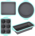 4PCS Silicone Baking Pan Set, Stackable Nonstick Baking Pans Set with Long-lasting Grip Handles & Metal Reinforced Frame, Kitchen Baking Kit for Baking Muffin, Loaf, Round & Square Cake Pans