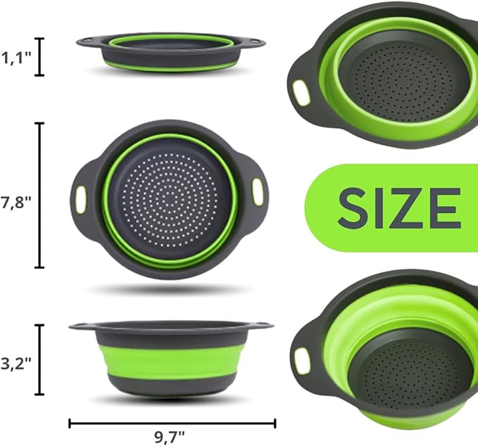 Small Collapsible Colander with Plastic Handles Round Silicone Kitchen Strainers Foldable Kitchen Strainer Perfect for Draining Pasta Vegetable and Fruit Green