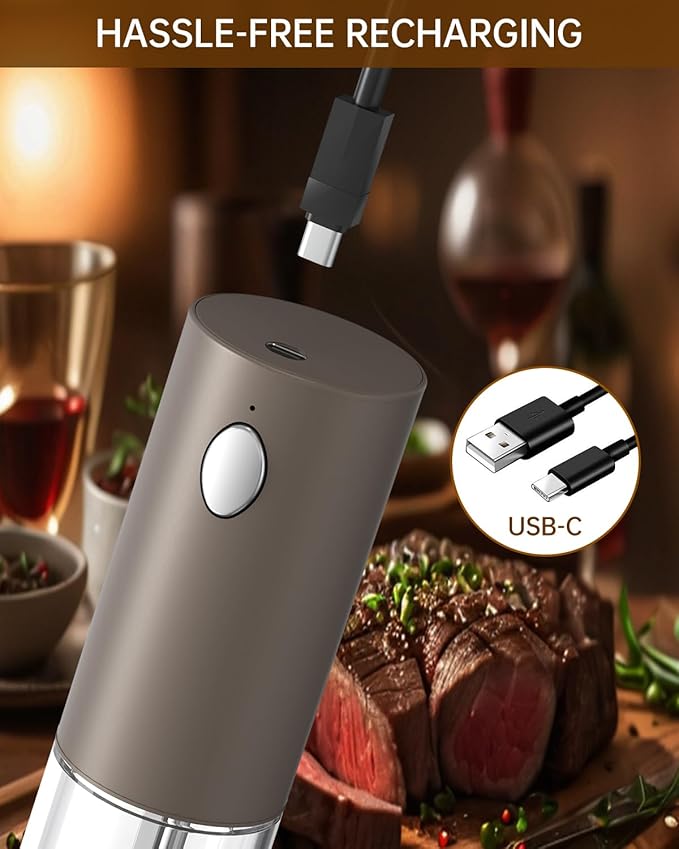 CIRCLE JOY Electric Salt and Pepper Grinder Set Rechargeable Salt and Pepper Mills with Storage Base, Adjustable Coarseness and LED White Light, Washable 95ml Container, Brown