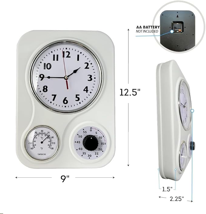 Lily's Home - 9.5 Inch x 12.5 Inch - Retro Kitchen Wall Clock, Vintage Wall Clock with a Thermometer and 60-Minute Timer, Ideal for Any Kitchen, Office, or Diner (White)