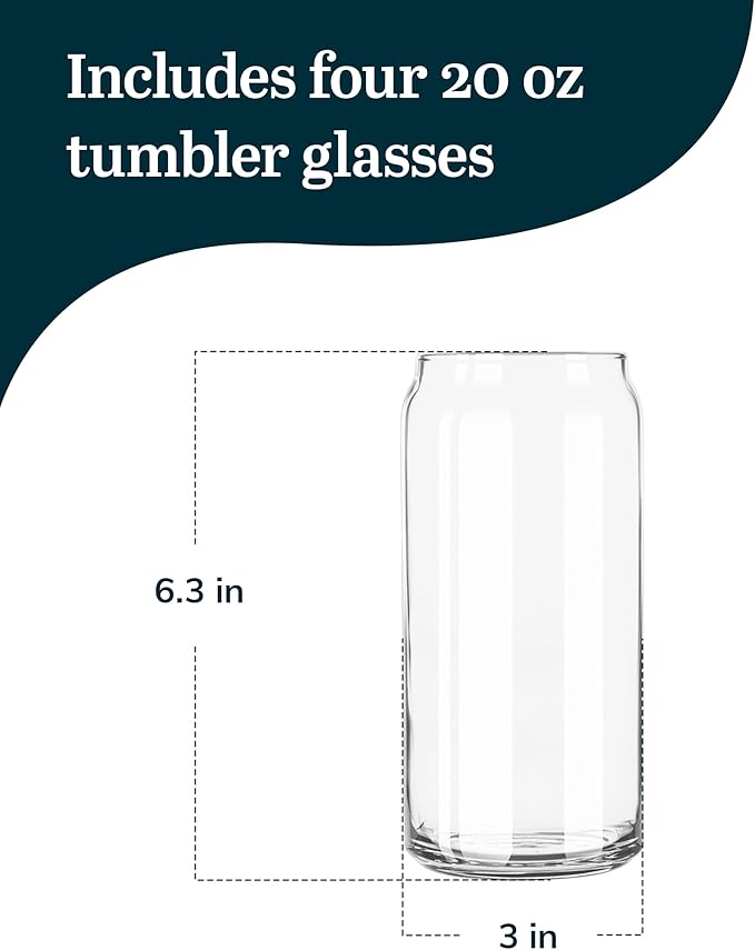 Libbey Classic Can XL Set of Drinking Glasses, Iced Coffee Cups Set of 4, 20 Oz, Dishwasher Safe Glass Beer Cups for Beverages and Cocktails