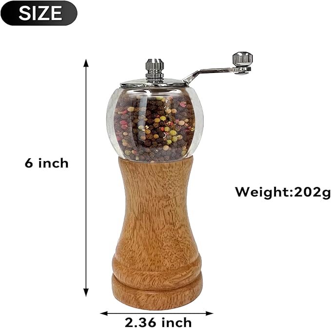 Pepper Grinder Set, Wooden Manual Pepper Grinder with Handle Peppermill Grinder, Refillable Ceramic Blade Grinding, Enjoy Fresh Ground Pepper Salts with Spices, 2pcs-6in
