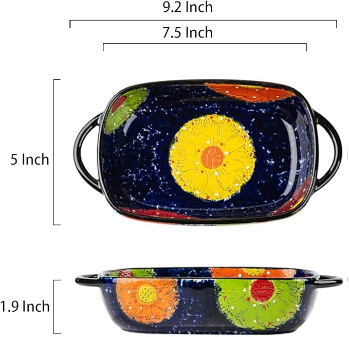 Vintage Style Pottery Bakeware Colorful Daisy Pattern Ceramic Casserole Dish Baking Pan Lasagna Pans Baking Dish with Handles from Oven to Table Plate-1 PCS, 22 OZ