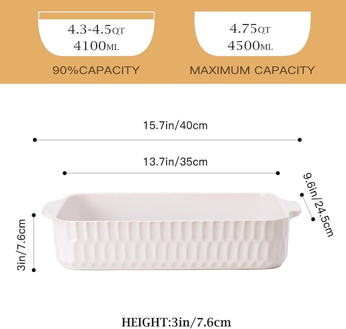 4.7QT Casserole Dishes for Oven, 9x13” Large Lasagna Pan, Ceramic Baking Dish, Rectangular Lasagna Pan Deep with Handles for Baking, Casserole, Kitchen, Birthday Gift for Mother Father Women Men