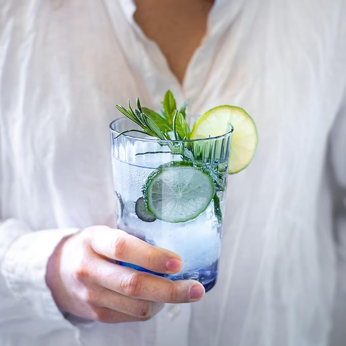 Bormioli Rocco Exclusiva Gin Fizz Glasses, Set of 12 - Sapphire Blue 17 Oz. Tumblers, Laser Cut Rim & Star Glass Clarity - Durable Cocktail & Drinking Glasses for Barware & Table Use - Made in Italy