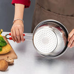Stainless Steel Perforated Metal Colander Strainer with Long Red Handle Sieve Sifters Use for Kitchen Food Pasta Noodles Spaghetti Vegetables Silver - 10.24 inch (C072-Mer-26)