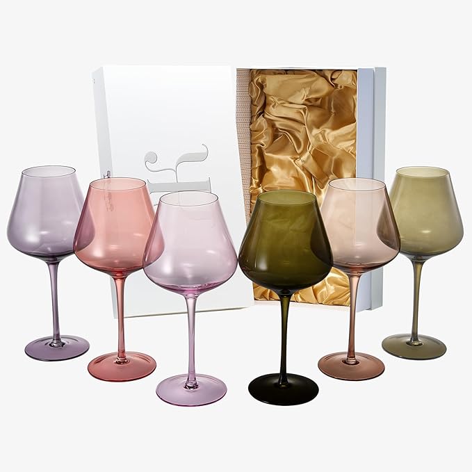 Khen Colored Crystal Wine Glass Set of 6, Large 20 OZ Glasses, Fall Leaves Terracotta Bright Italian Style Tall Stemmed Drinkware Red & White Wine, Water Dinner Glasses, Color Glassware Stemmed