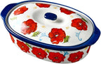 Floral Ceramic Casserole Dish with Lid – 40oz Oval Baking Dish, Oven-Safe Stoneware for Lasagna, Roasting, Serving – Elegant Floral Design, Microwave & Dishwasher Safe – Perfect for 1-2 Person