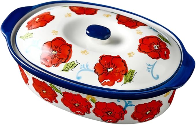 Floral Ceramic Casserole Dish with Lid – 40oz Oval Baking Dish, Oven-Safe Stoneware for Lasagna, Roasting, Serving – Elegant Floral Design, Microwave & Dishwasher Safe – Perfect for 1-2 Person