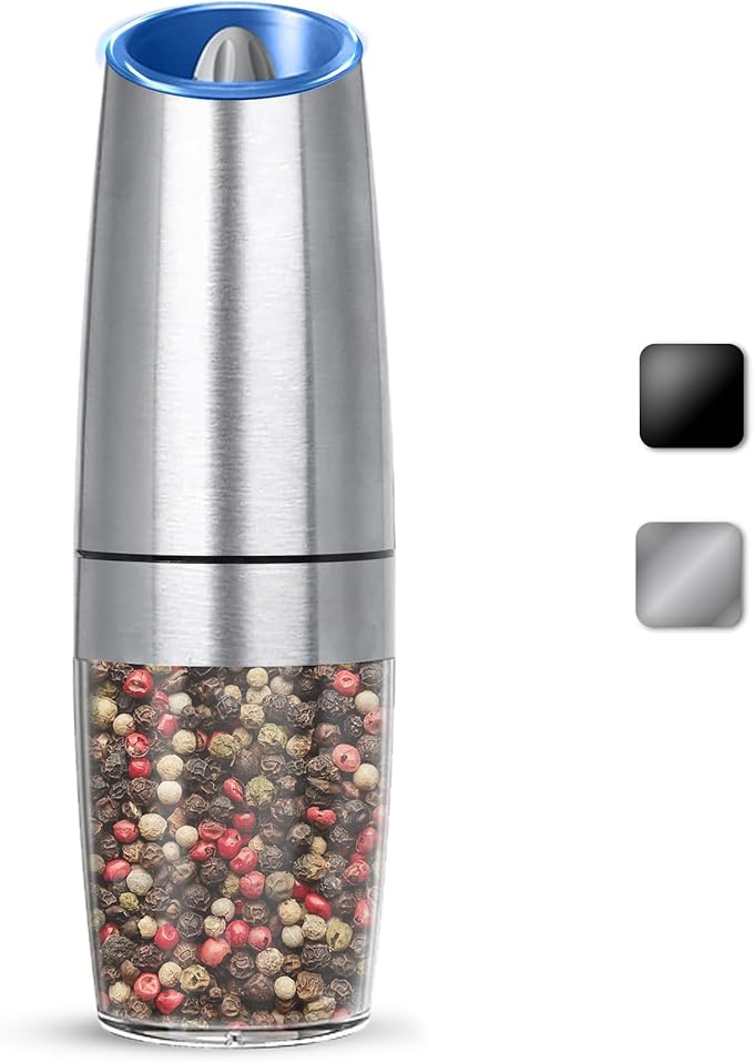 Gravity Electric Salt And Pepper Grinder, Automatic Salt And Pepper Grinder, Battery Powered (6 AAA Batteries Each), Adjustable Roughness, LED Light, 1 Pack, (Silver)