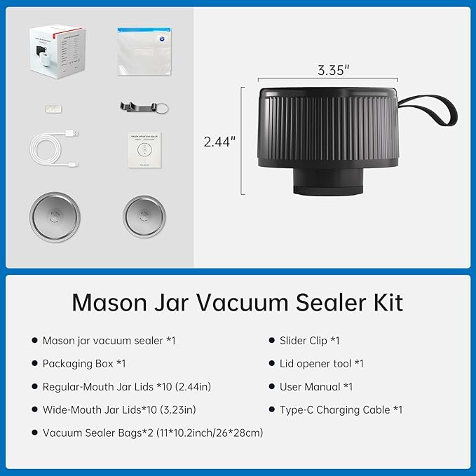 Electric Mason Jar Vacuum Sealer Kit, 3-in-1 Handheld Automatic Vacuum Sealer for Mason Jars, Food Savers & Containers | Ideal for Canning Jams, Pickles, Dry Foods, Grains | Present for Mom, Black