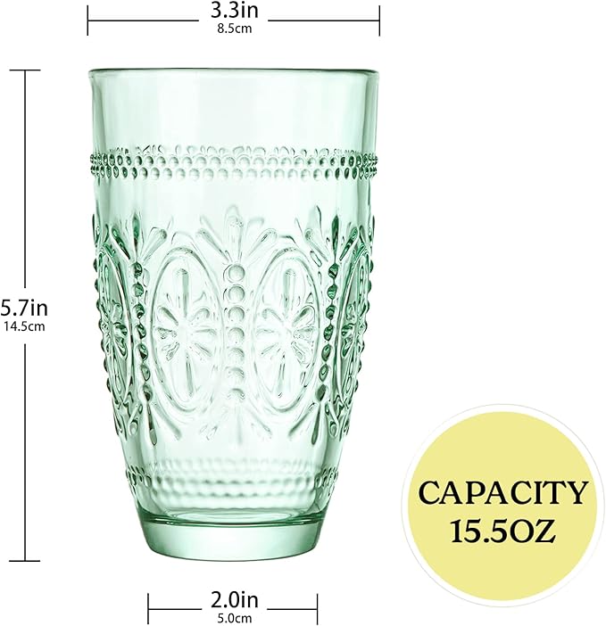 CREATIVELAND Colored Vintage Drinking Glasses Set of 4, 15.5 oz Romantic Embossed Water Glasses, Colored Tumblers Tempered Glass for Juice, Beverages, Beer, Cocktail (Green)